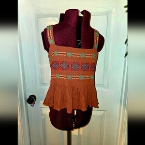 American Eagle Orange Small Cropped Embroidered Peplum Boho Tank Top